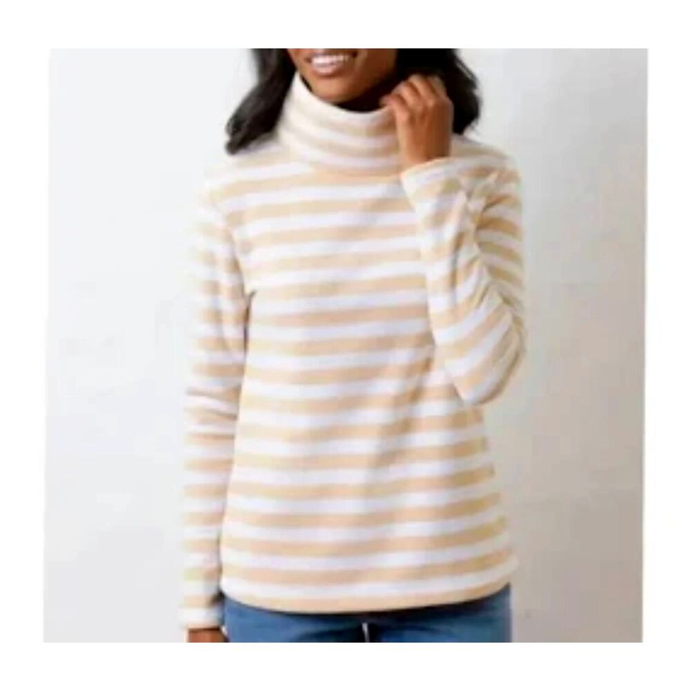 Dudley Stephens Tan and White Striped Knit Turtleneck